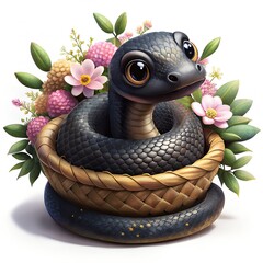 Cute black snake with flowers in a basket isolated on white background.