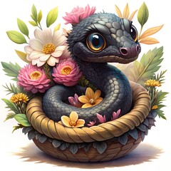 Cute black snake with flowers in a basket isolated on white background.