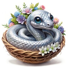 Cute gray or silver snake with flowers in a basket isolated on white background.