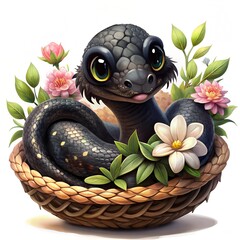 Cute black snake with flowers in a basket isolated on white background.