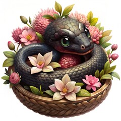 Cute black snake with flowers in a basket isolated on white background.