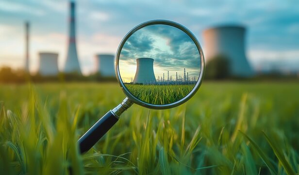 A small floating magnifying glass looking at the lens seeing a nuclear power plant as the subject, environmental concept, industry energy solutions 