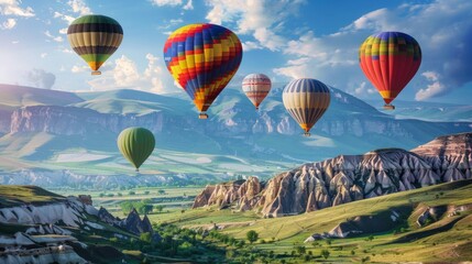 Fototapeta premium An awe-inspiring image of colorful hot air balloons drifting over a vast, panoramic mountain landscape, capturing beauty, adventure, and the wonders of nature from above.