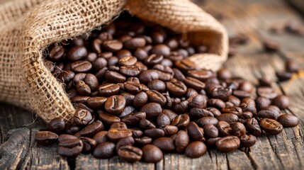 A rustic burlap sack sprawled open, spilling aromatic, freshly roasted coffee beans onto a wooden table, illustrating the rich, sensory appeal and craftsmanship behind coffee.