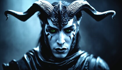 A close up of a person with horns on their head.