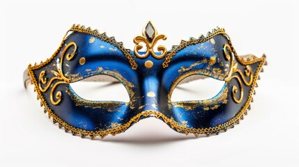 A stunning masquerade mask in blue and gold, adorned with intricate designs and patterns, perfect for elegant costume parties or events that require sophisticated accessories.