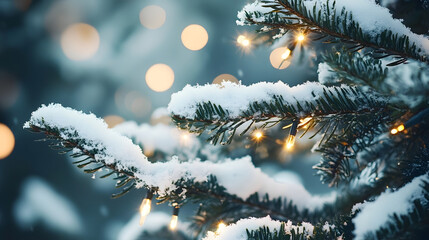 Christmas tree with snow on it and lights on it