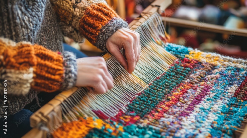 Poster hands skillfully weave vibrant threads on a loom, creating a colorful textile in a warm, inviting wo