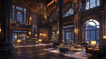 Obraz premium A luxurious and spacious interior with elegant furniture and large windows showcasing a scenic view.