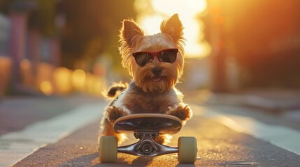 A small dog rides on a skateboard down an empty street with the sun setting behind, creating a picturesque and serene moment that captures playful freedom and joy.