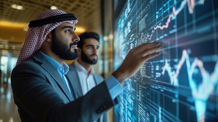 Arab person point to graph financial monitor screen.