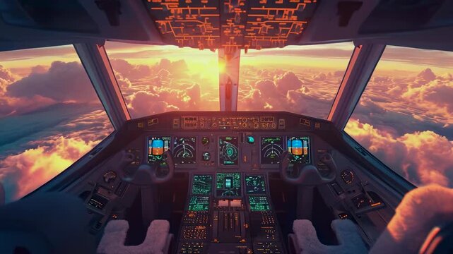 Inside a commercial airplane cockpit with advanced controls, two seats, and a flawless view of the colorful sunset over clouds. The mood is serene and professional, with the crew working diligently.