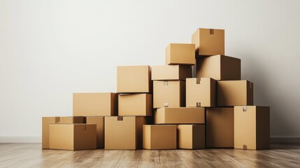 Obraz premium A stack of cardboard boxes is piled up against a wall. The boxes are of different sizes and are piled on top of each other. The scene gives off a sense of organization and preparation