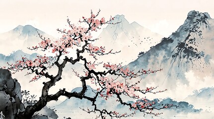 年賀状_素材_水墨画背景_日本の桜と山河_03