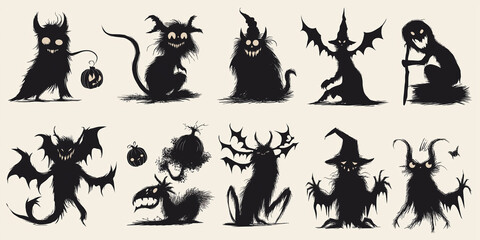 Collection of eerie silhouettes featuring Halloween monsters and creepy creatures, ideal for spooky decorations