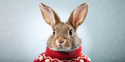 Rabbit wearing a festive Santa Christmas sweater, rabbit, festive, Santa, Christmas, sweater, cute, animal, holiday, winter