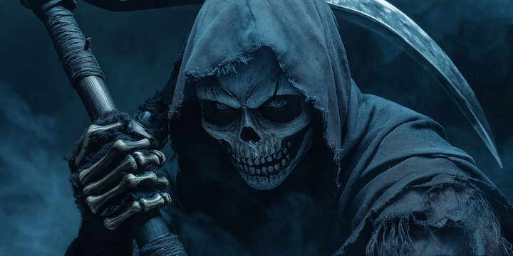 The Grim Reaper, a figure of death, holding a scythe in a dark and ominous environment, creating a chilling atmosphere