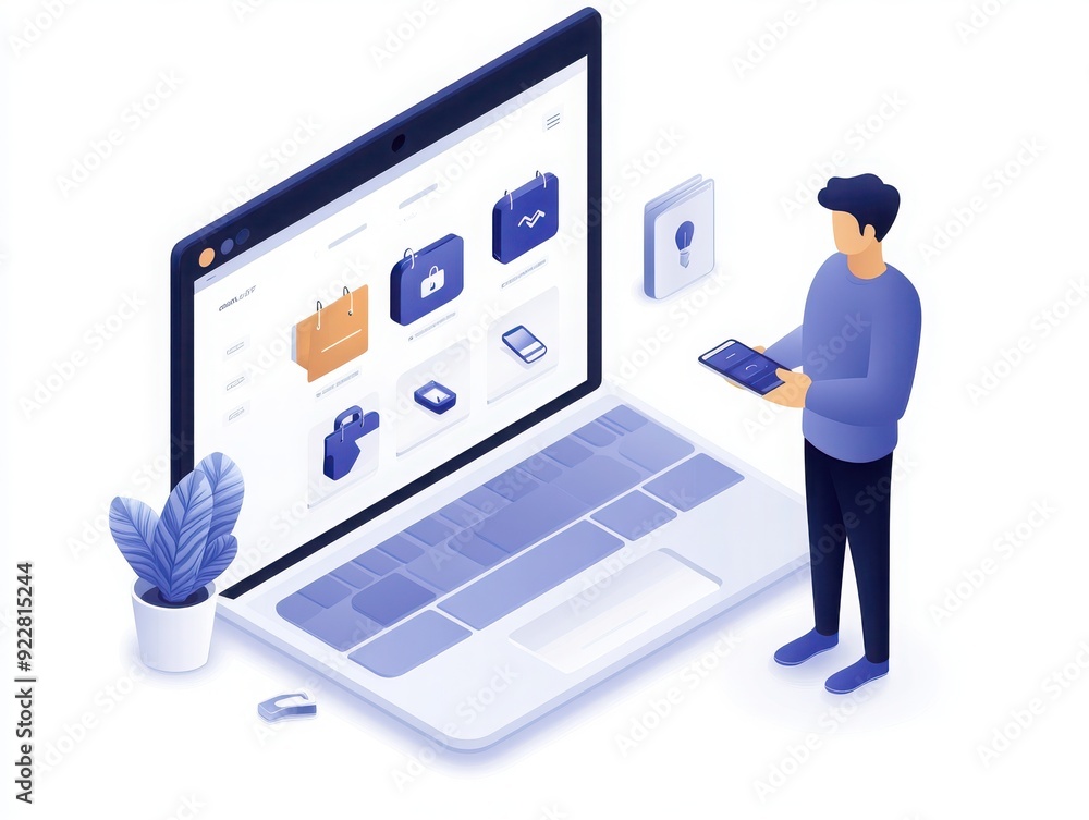Poster a modern workspace scene featuring a laptop and a person interacting with digital content. ideal for