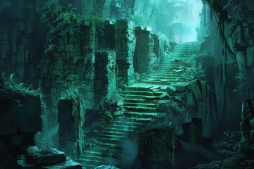 Ancient overgrown temple ruins in the jungle with stairs leading up to a mysterious light