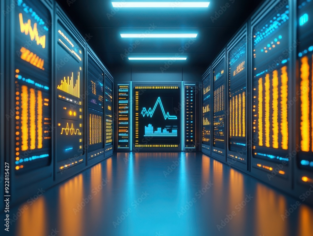 Poster futuristic data center showcasing illuminated servers and analytical displays for tech innovation an