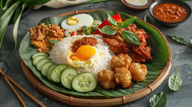 A plate of nasi tempong featuring steamed rice, fried chicken, tempeh, boiled eggs, and spicy sambal, garnished with fresh cucumber and basil leaves on a traditional banana leaf lined plate