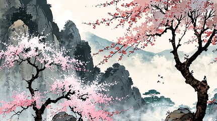 年賀状_素材_水墨画背景_日本の桜と山河_06
