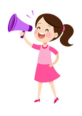 Cheerful girl in a pink dress in full growth speaks into a megaphone vector drawing SVG