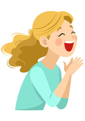 Cheerful screaming girl with blond hair in blue t-shirt, vector SVG drawing