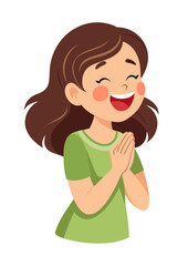 Cheerful screaming girl with dark hair in green t-shirt, vector SVG drawing