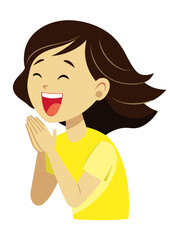 Cheerful screaming girl with dark hair in yellow t-shirt, vector drawing SVG
