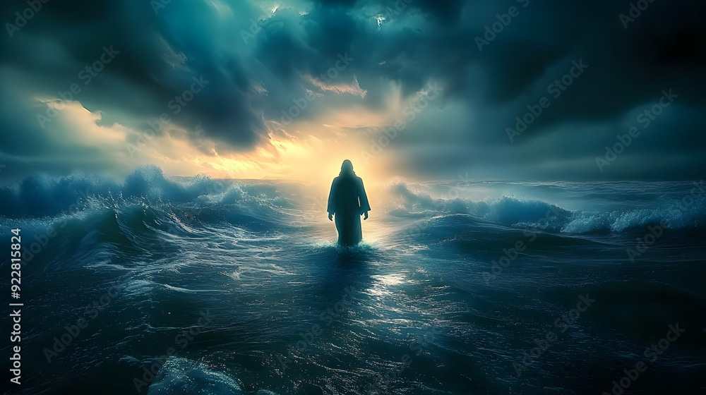 Canvas Prints luminous silhouette of jesus walking on water ripples of light spreading across stormy sea