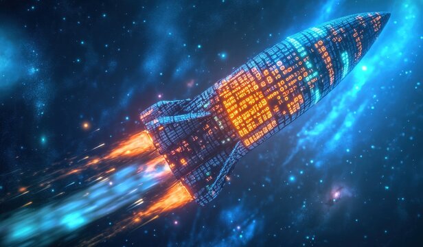 A rocket made of digital code with data visualization lines is flying through a vast space network, internet technology, futuristic colorful representation, starry sky like patterns