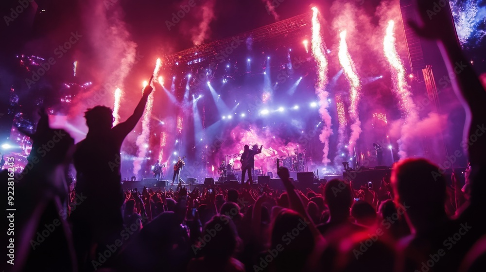 Poster a vibrant crowd enjoys a live concert as colorful fireworks illuminate the night sky, creating an el