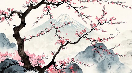 年賀状_素材_水墨画背景_日本の桜と山河_09