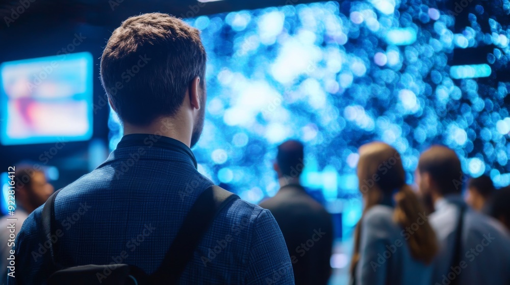 Leinwandbilder A man and a group of individuals attentively watch a vibrant digital display showcasing data in an advanced conference environment.