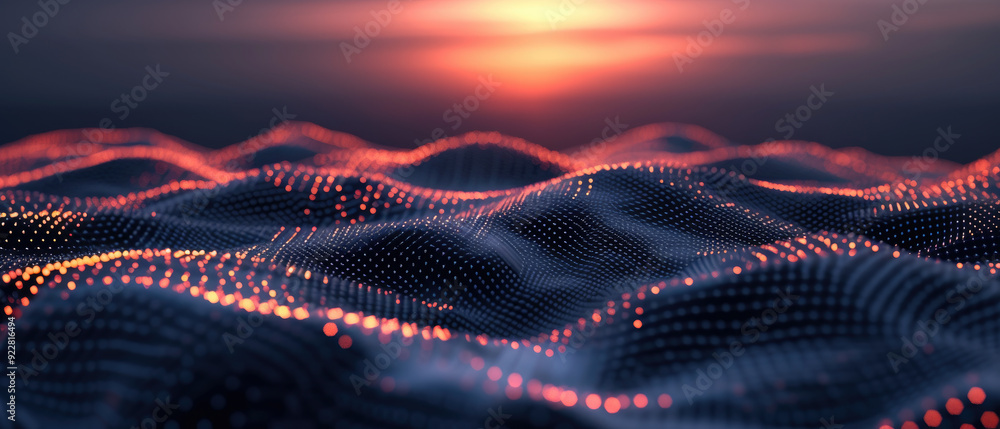 Aufkleber cyber data waves in digital space, network landscape abstract background. dots and lights of secure 