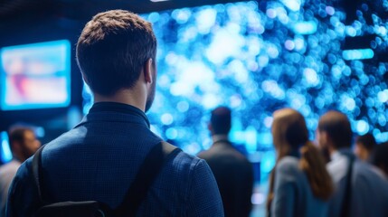 A man and a group of individuals attentively watch a vibrant digital display showcasing data in an advanced conference environment.