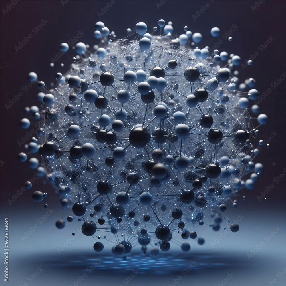 Poster intricate network of interconnected spheres forming a complex, spherical structure. generative ai