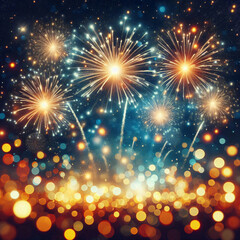 Fototapeta premium Colorful fireworks burst across a dark night sky, illuminating the scene with sparkling lights. Generative AI
