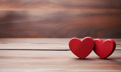 Fototapeta premium Valentines day background with two red wooden hearts