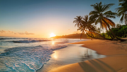 Fototapeta premium Serene sunset paints the sky with vibrant hues as palm trees sway gently on a pristine beach. Generative AI