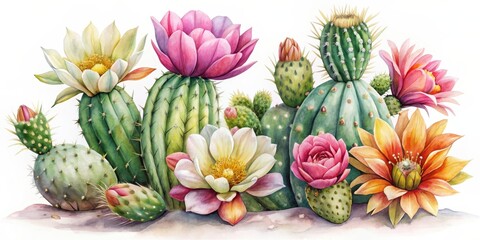 Watercolor of luxurious open cactus flowers with buds and half-opened flowers, watercolor, luxurious, cactus, flowers