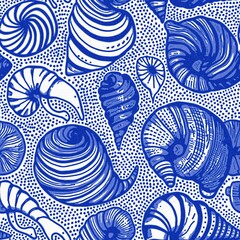 Azure blue white shell motif with linen seamless batik background, Modern coastal beach cottage rustic shell block print home decor pattern design in sealife beach style.