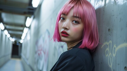 Obraz premium ピンク色のボブヘアの若い女性