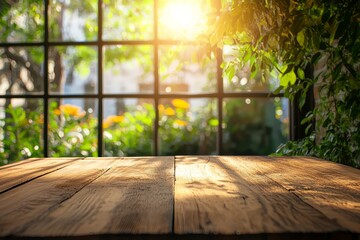 An empty wooden table stands out against a blurred green garden, ideal for showcasing products in a natural setting. Its elegance complements the surroundings, inviting creativity