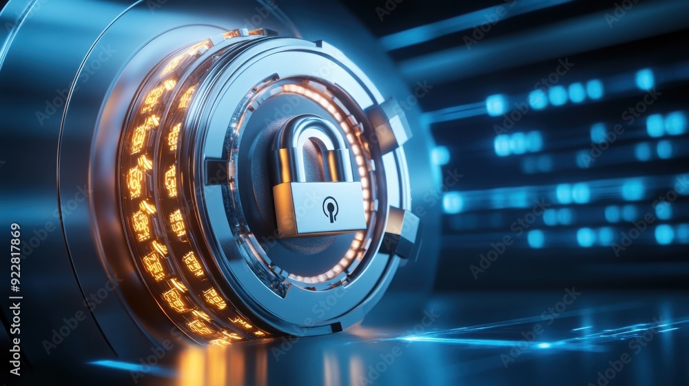 Poster a high-tech padlock in a digital environment, representing security, protection, and advanced techno