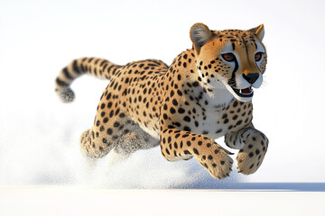 Obraz premium Cute Cheetah in Mid-Sprint: A cheetah running at full speed against a white background. 