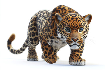 Fototapeta premium Cute Leopard Stalking: A leopard in a crouching, stalking pose against a white background.