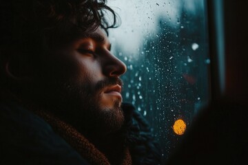 Bearded man with eyes closed, leaning against a rain-streaked window, pensive mood