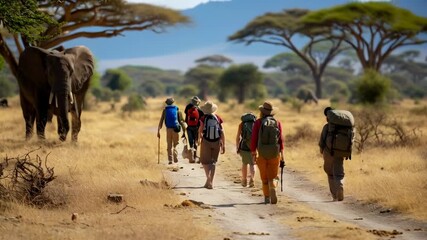 A diverse group of hikers, including men and women of various ages, treks through an African savannah path during daytime. They carry backpacks and gear, with elephants seen grazing in the distance.